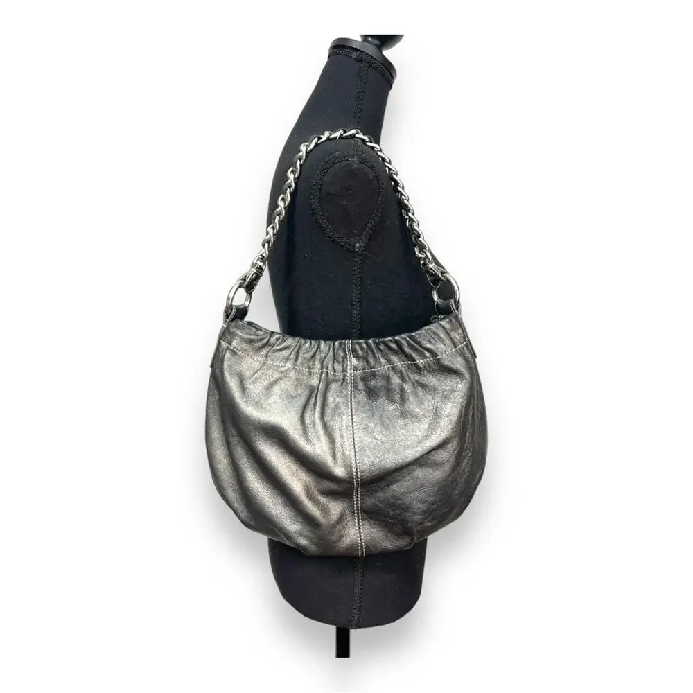 TALBOTS Metallic Gray Leather Hobo Shoulder Bag with Silver Tone Hardware